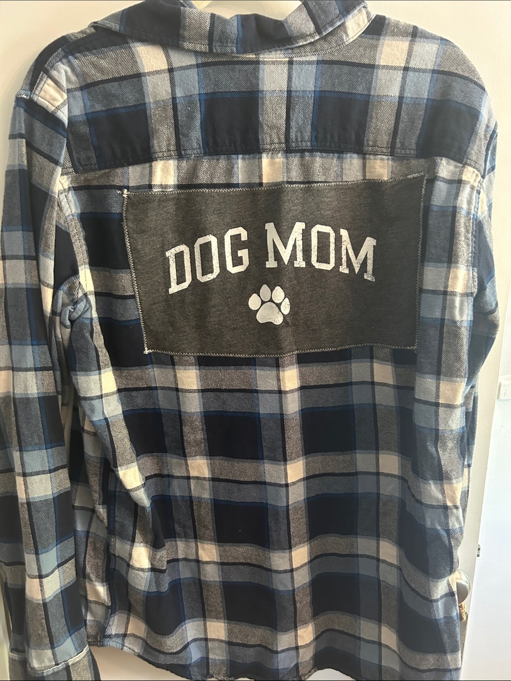 GAP Blue White Gray Plaid "Dog Mom" Button-Down Shirt